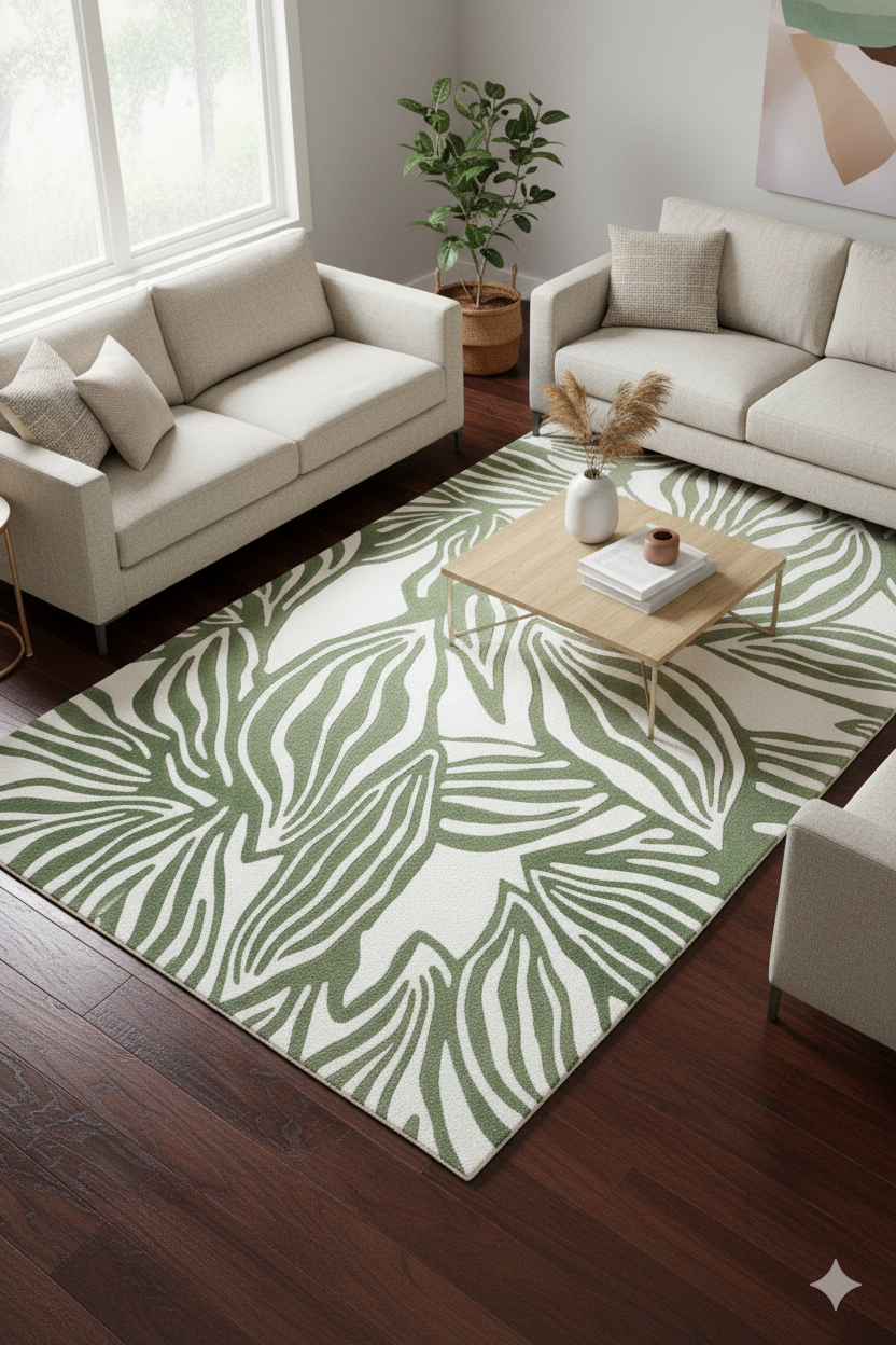Abstract Green & Beige Leaf Area Carpet - Image 2