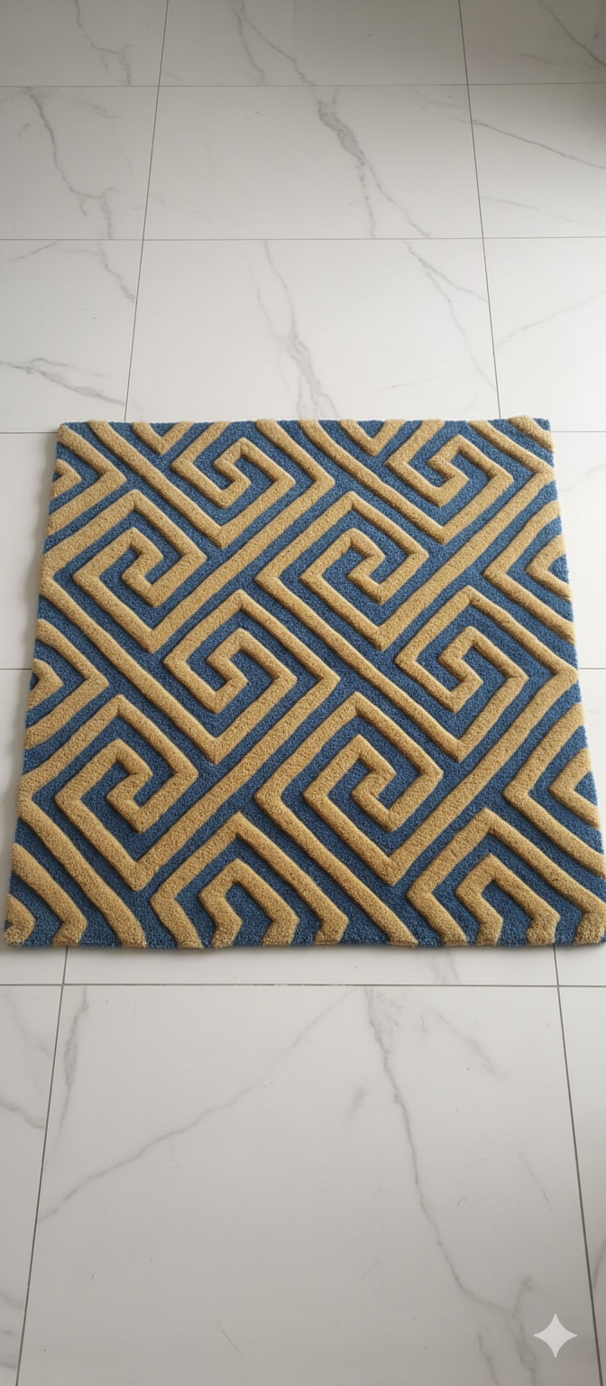 Blue and beige geometric Greek key pattern rug