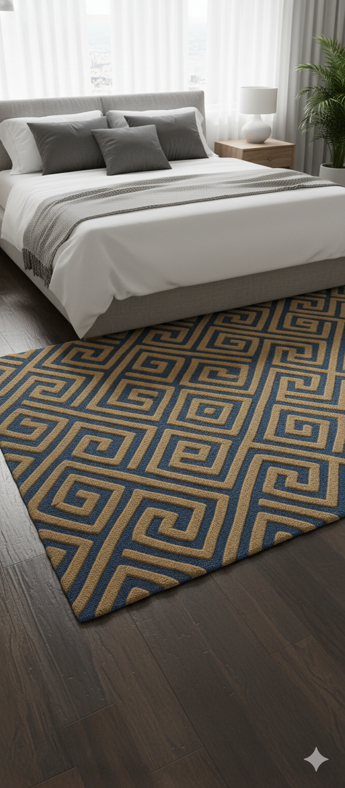 Blue and beige geometric Greek key pattern rug under bed in modern bedroom