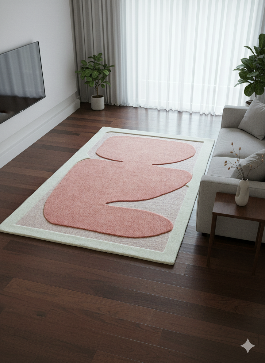 Modern abstract peach rug with organic shapes on dark wooden floor
