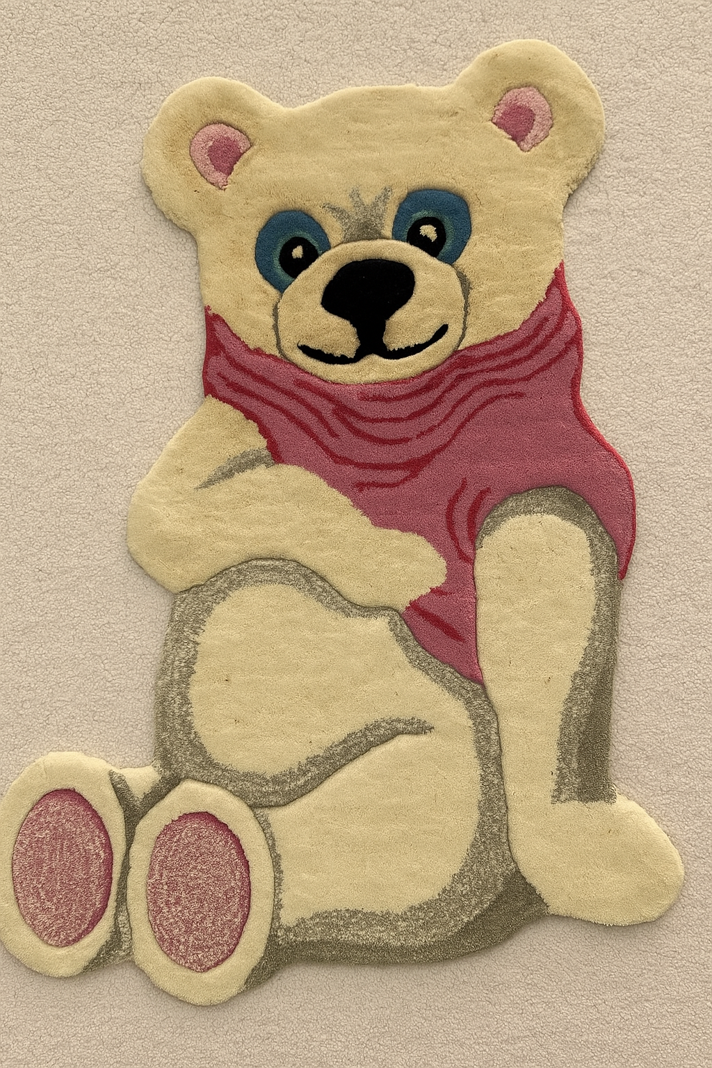 Cute bear-shaped rug for kids room with pink scarf