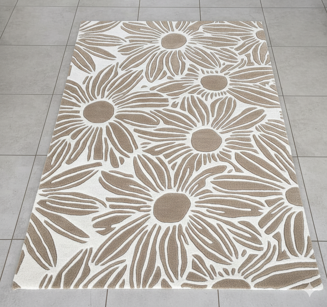 Beige and white floral daisy patterned area rug under bed in modern bedroom with neutral decor